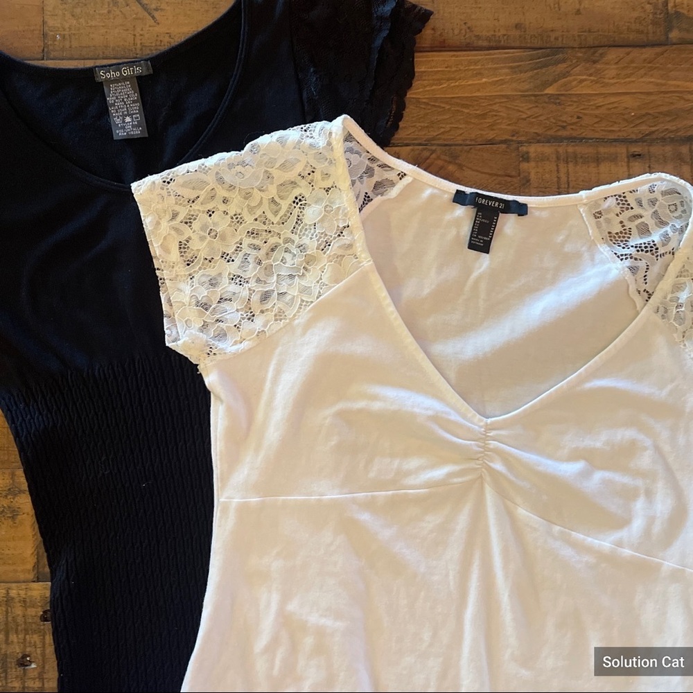 Bundle black and white v neck blouses with lace sleeves